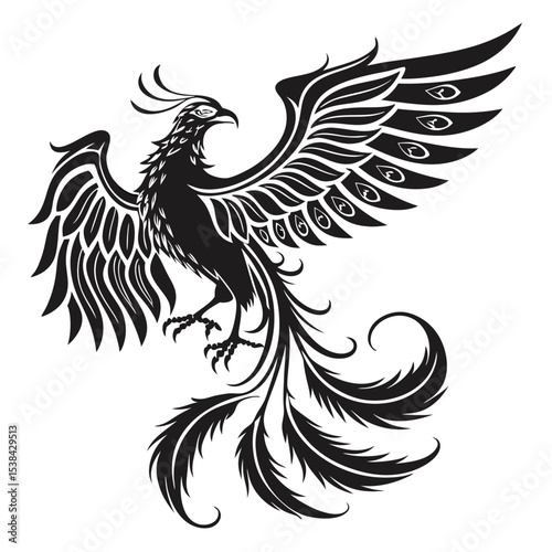 A majestic phoenix depicted in solid black soars gracefully into the open sky