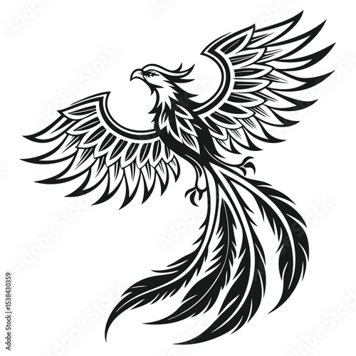 A detailed black and white Phoenix soars with ornate wings fully expanded upward