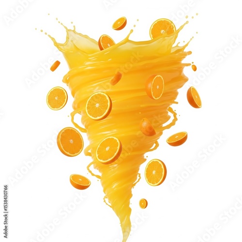 A vibrant close-up of an orange juice tornado swirling against a clean white background. Perfect for beverage ads, food blogs, or dynamic creative visuals.