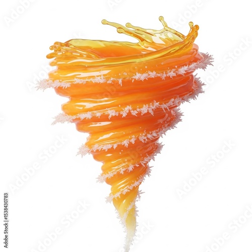 A vibrant close-up of an orange juice tornado swirling against a clean white background. Perfect for beverage ads, food blogs, or dynamic creative visuals.