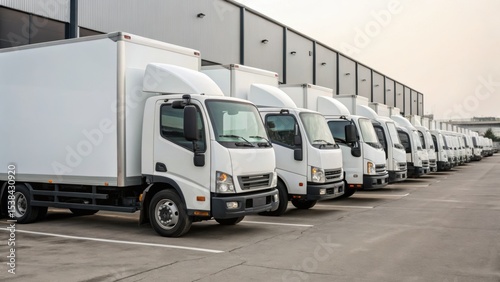Oil price impact concept. A fleet of white delivery trucks lined up in a warehouse parking lot.