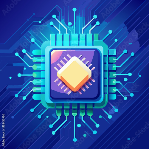 Stylized Microchip Illustration with Circuit Board on a Blue Background