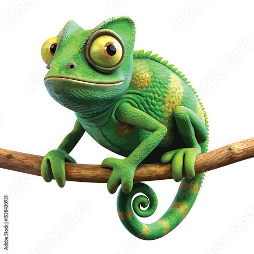 Cartoon illustration of a green chameleon perched on a branch with playful expression