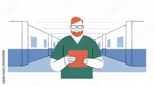 Smiling Doctor Holding Patient Chart in Hospital Corridor