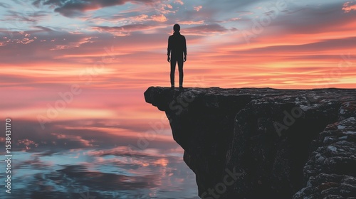Solitary person standing on cliff edge at sunset, silhouetted against open sky, symbolizing inner struggle and despair. Emotional concept of isolation and personal challenges.