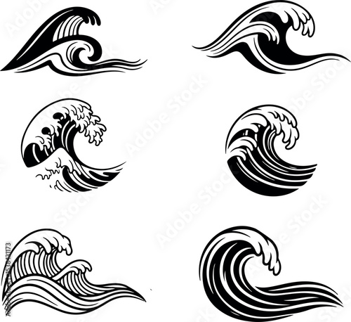 Collection of Stylized Black And White Ocean Waves Vector Art - Traditional And Tattoo Design Elements.