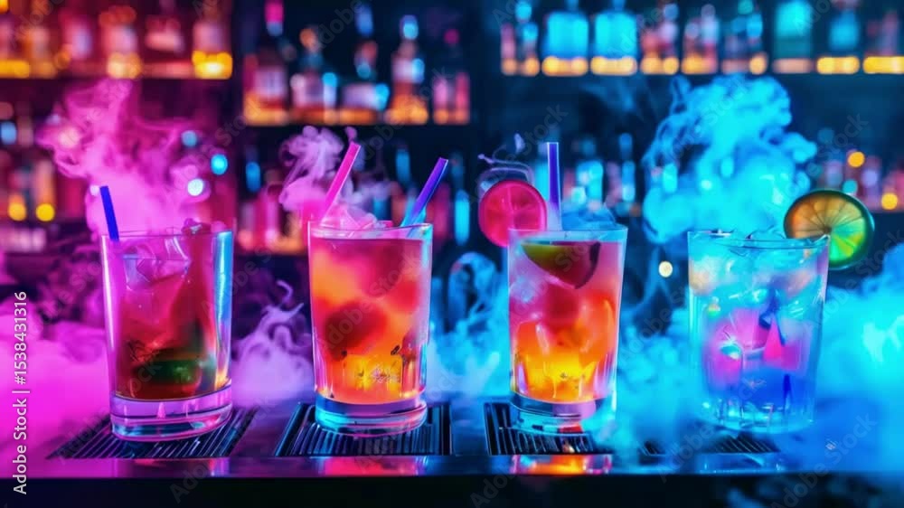 neonlit cocktail bar array of colorful drinks glowing under blacklight smoke and mist effects cyberpunk bartender mixing holographic cocktails.