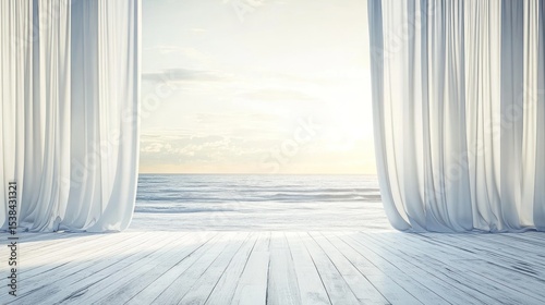 Tranquil ocean view through sheer curtains.