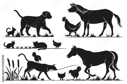 Silhouette showcases diverse farm animals peacefully coexisting like cats, chickens, dogs, and horses