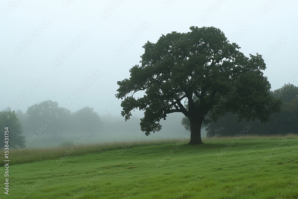 Obraz premium Majestic tree stands alone in a misty forest landscape