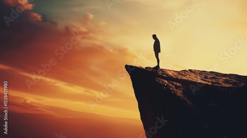 Solitary person standing on cliff edge at sunset, silhouetted against open sky, symbolizing inner struggle and despair. Emotional concept of isolation and personal challenges.