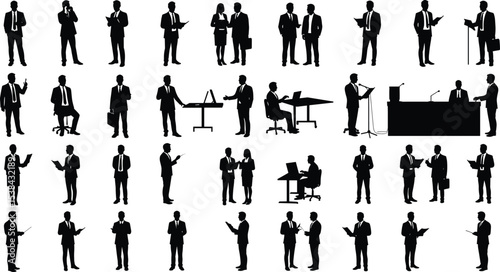 Business silhouette vector illustration, office workers, team discussion, presentation, working at desk, public speaking, formal attire, professional group