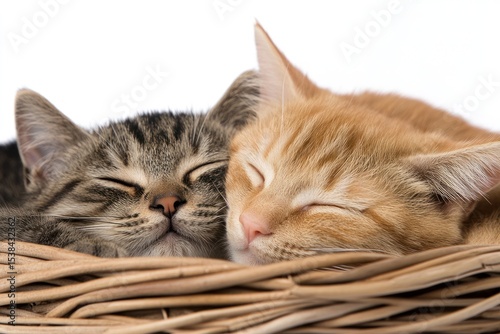 Close-up of two adorable small kittens nestled together in a natural wicker basket isolated on white background