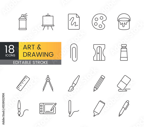Editable stroke line icons of art and drawing tools including pencil, eraser, paint palette, ruler, stylus, and brush ideal for educational materials, creative projects, and design software UI