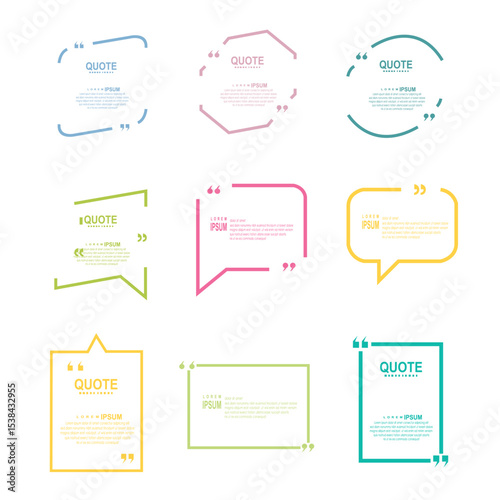 Quote box frame, big set. Texting quote boxes. Blank template quote text info design boxes quotation bubble blog quotes symbols. Creative vector banner illustration. Vector brushes background