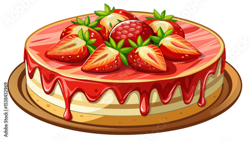A delicious cheesecake topped with fresh strawberries and a glossy red glaze, featuring a crumbly crust and creamy filling. Very beautiful