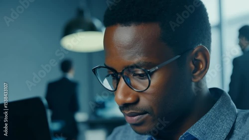 Close-up video of a middle aged African American man in front of laptop monitor in office. Concentrated on his screen, he exemplifies dedication and expertise in his work environment.