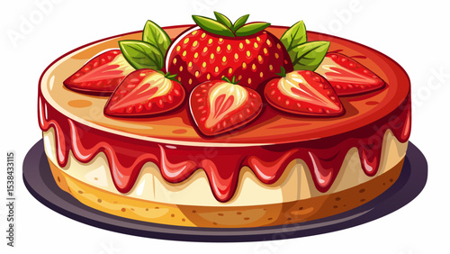 A delicious cheesecake topped with fresh strawberries and a glossy red glaze, featuring a crumbly crust and creamy filling. Very beautiful