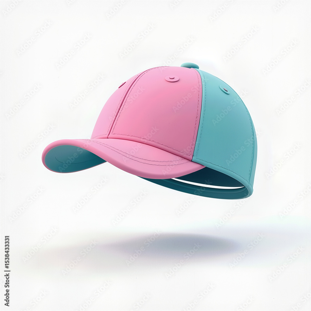 Fototapeta premium A stylish 3D baseball cap in a trendy pink and turquoise colorway, shown from a dynamic angle against a white background for apparel or accessory mockups. 