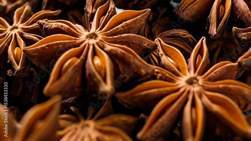 Close-up captures the intricate details of a group of star anise spice pods, revealing their seeds and textured brown exteriors.