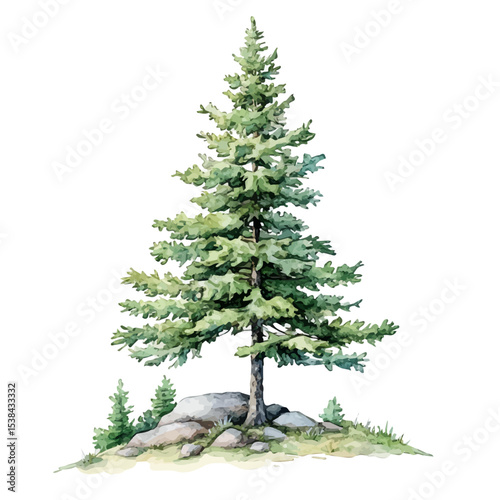 Photos A Mountain Hemlock Tree, watercolor painting vector, isolated on a white background