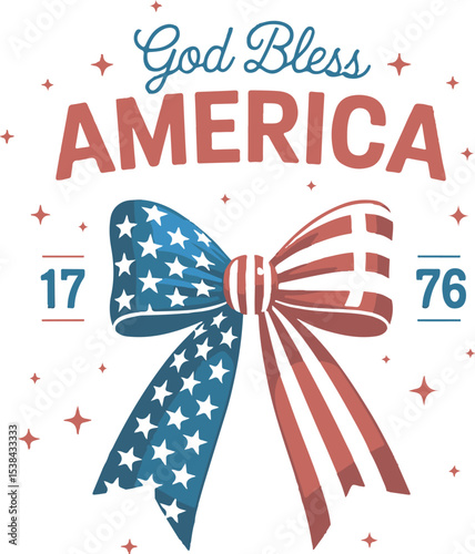 Patriotic American Flag Bow Design God Bless America 1776 Red Blue Stars Stripes Graphic