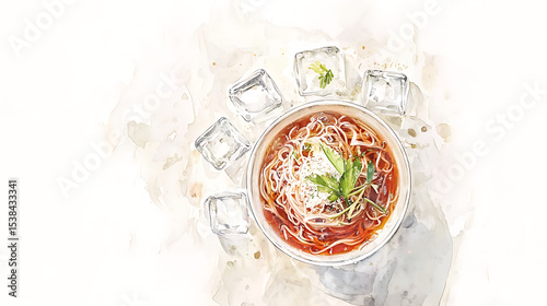 An exquisite watercolor illustration of chilled somen with scallions and ice cubes in a bowl, set against a splattered background.