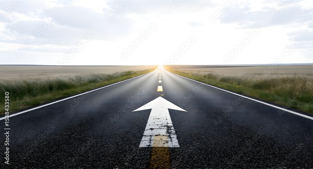 Fototapeta premium A road with an arrow pointing forward symbolizes direction and motivation towards goals.