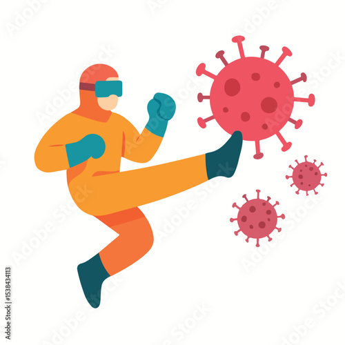 vektor ilustrasi. someone is kicking viruses and bacteria