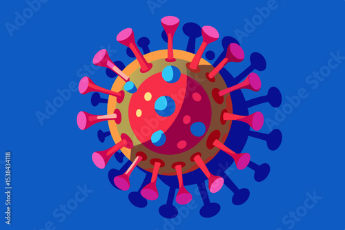 Stylized Coronavirus Illustration on Blue Background Depicting Pandemic and Medical Research
