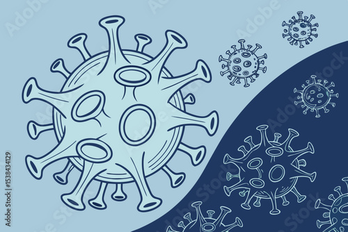 Coronavirus Illustration with Light and Dark Blue Background and Virus Outlines