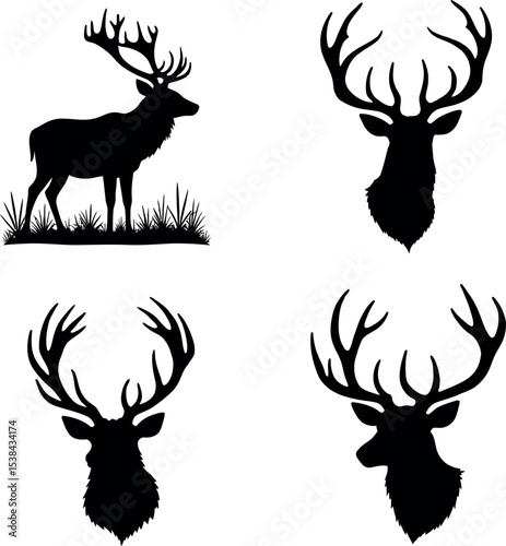 Four deer silhouettes set isolated on white background