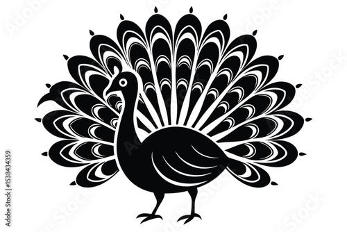 Striking black peacock displays its ornate tail feathers in a bold monochrome silhouette