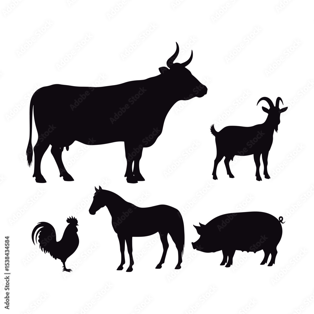 Fototapeta premium Great Farm Animals Silhouettes Set.