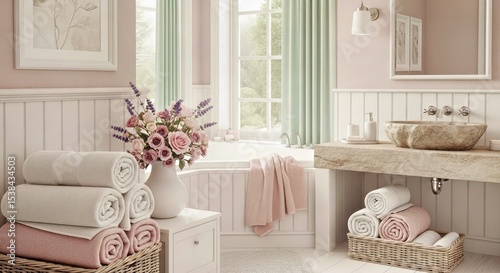 Serene Pastel Eco Bathroom with Rolled Towels Flowers