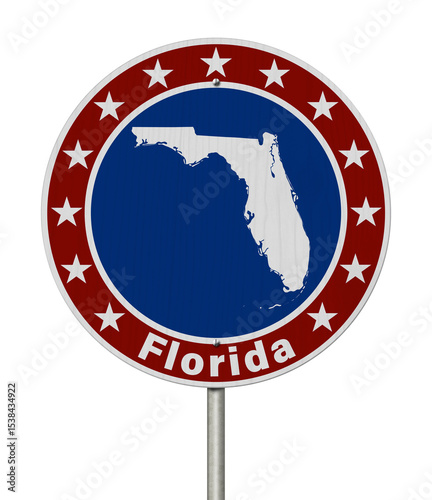 Florida map with stars on a US red, white and blue road signv
