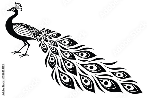 Decorative peacock showcases elaborate tail feathers, a symbol of beauty and elegant design