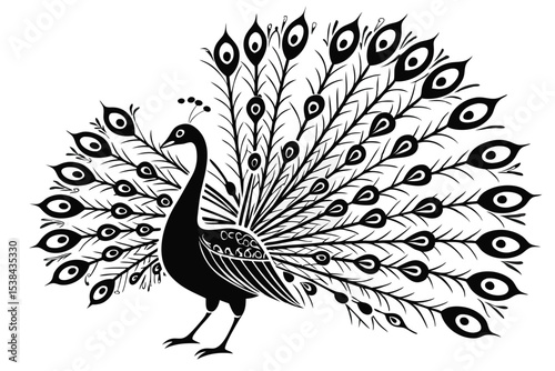 Black silhouette of peacock displaying gorgeous tail feathers in an intricate eyecatching pattern