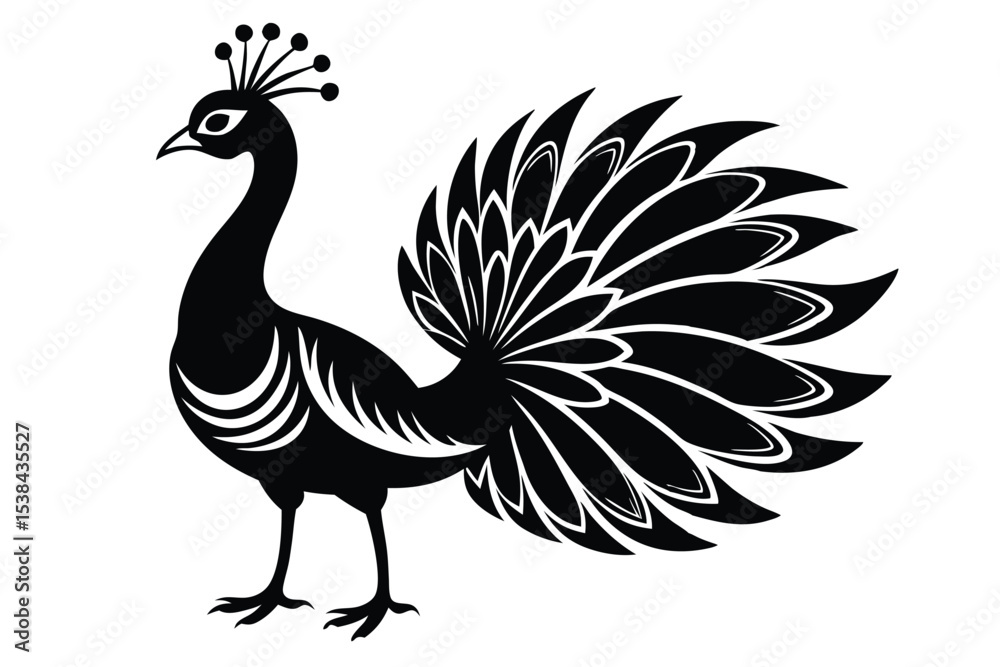 Fototapeta premium Stylized black peacock stands with tail feathers artfully displayed over a white background