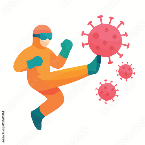 vektor ilustrasi. someone is kicking viruses and bacteria