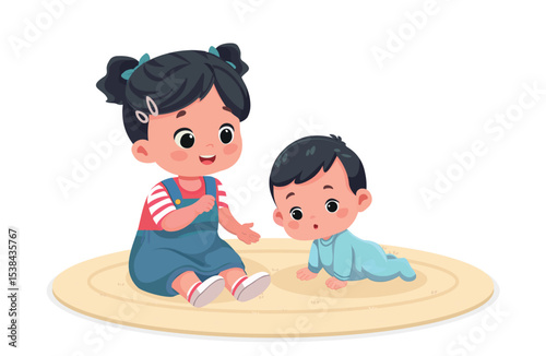 Big Sister Watching Little Brother Learn to Crawl – Cartoon Vector Illustration