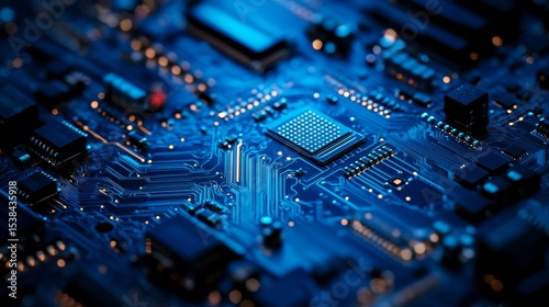 Close-up of a blue laptop motherboard with electronic circuits, chips, and connectors representing modern computer hardware and high-tech innovation




