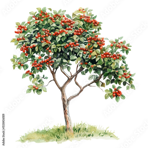 A Mountain Ash Tree, watercolor clipart vector, isolated on a white background.