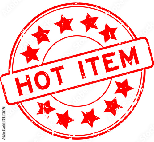 Grunge red hot item word with star icon round rubber seal stamp on white background