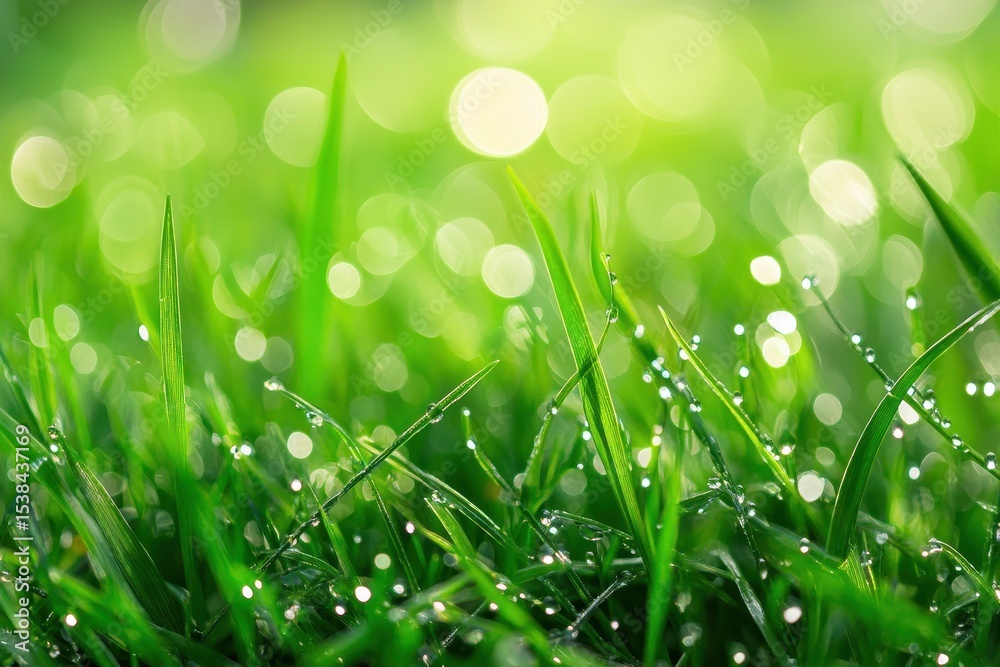 Fototapeta premium Bright green grass with dew drops shimmering under morning light in a vibrant natural setting