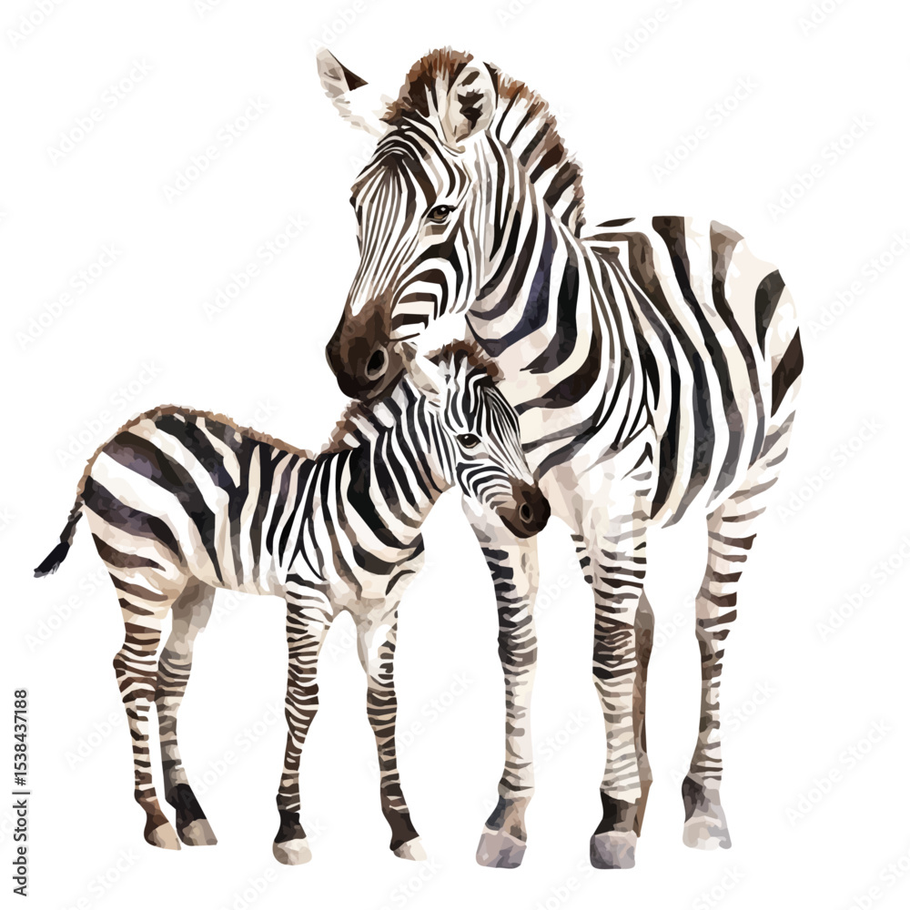 Fototapeta premium watercolor of A Mother Zebra With Her Kid, vector, isolated on a white background.