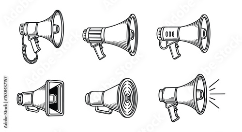 Hand drawn illustration of different megaphone designs in black and white on a white background