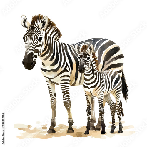 A Mother Zebra With Her Kid, watercolor clipart vector, isolated on a white background.