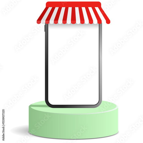 Stylish smartphone with modern canopy shop, displayed on a pedestal podium stage. Ideal for e-commerce, mobile app promotions, online shopping, and product showcases.