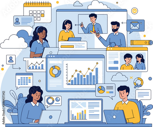 Flat vector design statistical and Data analysis for business finance investment concept with business people team working on monitor graph dashboard